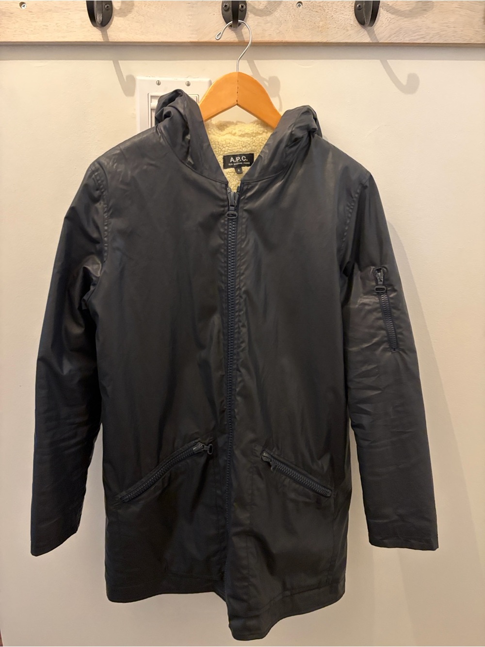 A.P.C. Dark Navy Hooded Raincoat with Sherpa Lining